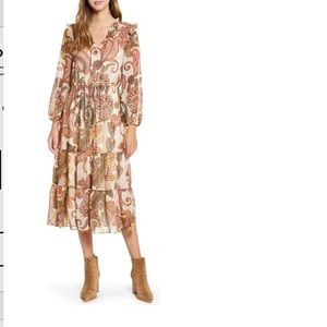 Paisley Print Long Sleeved Midi Dress